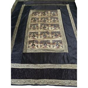 Indian Elephant Quilt Bedspread 102x88 Black Gold Silk Look Throw Decor Boho